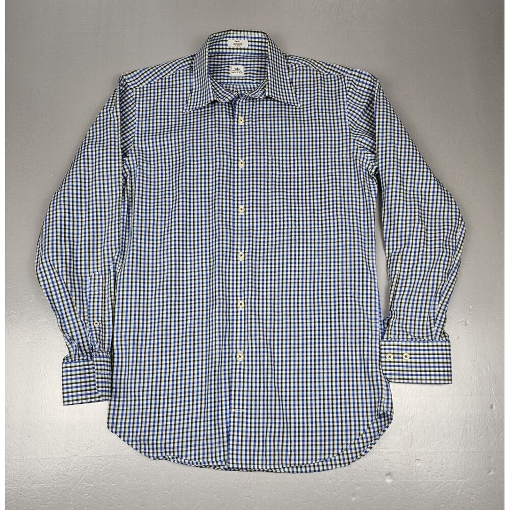 Peter Millar Button Up Shirt Mens Sm. Plaid Check Blue White Black Long sleeve